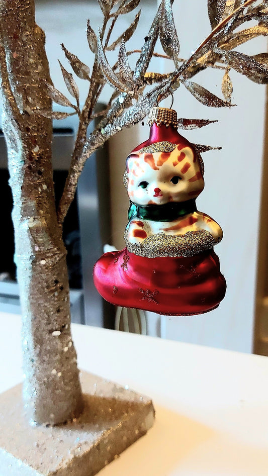 Czech Republic, Glass Blown, Hand Painted Christmas Tree Ornament - Cat in Boot