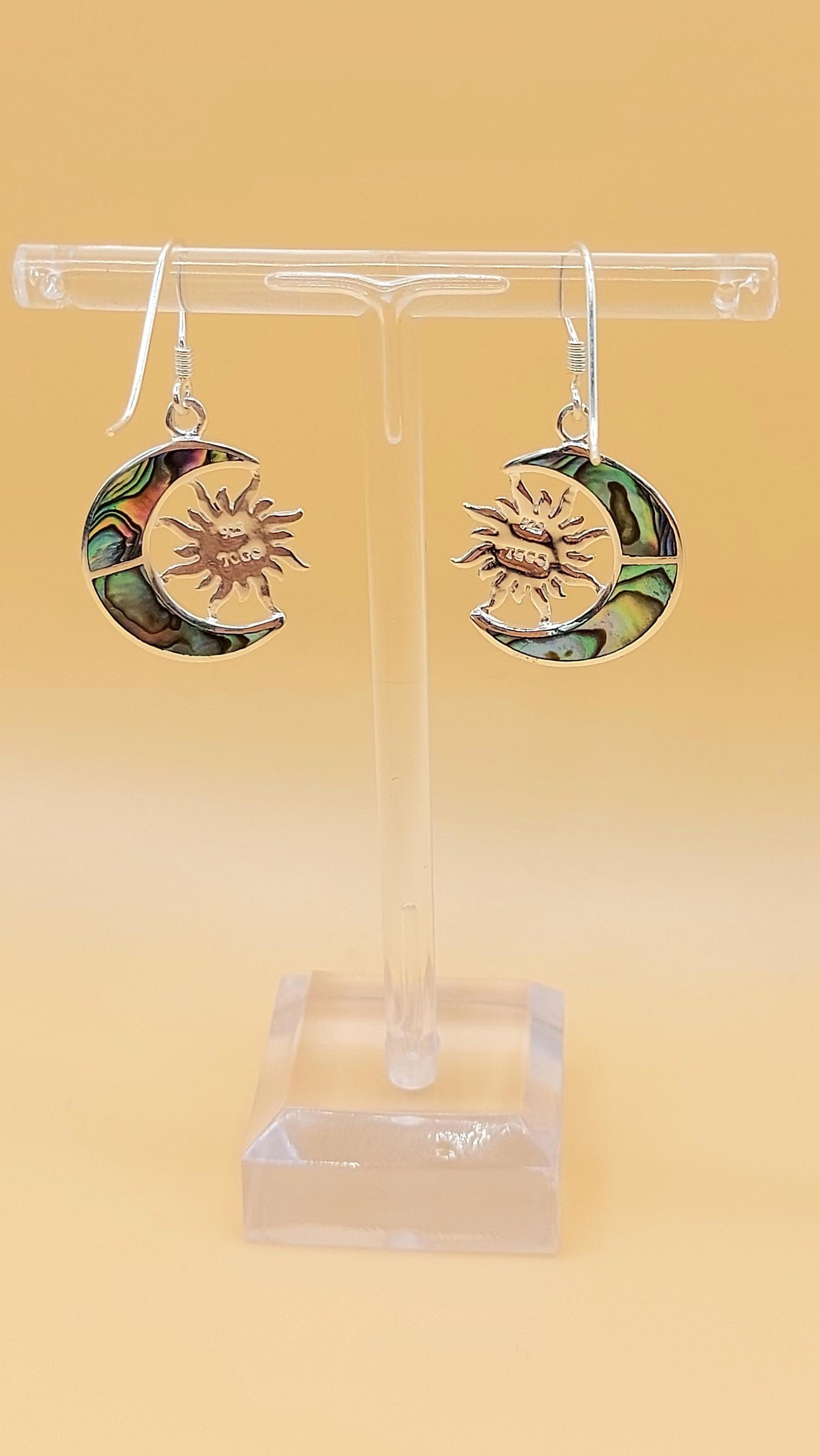 Silver Handmade Inlay Earrings Semi Precious Abalone Shell- Moon/Sun