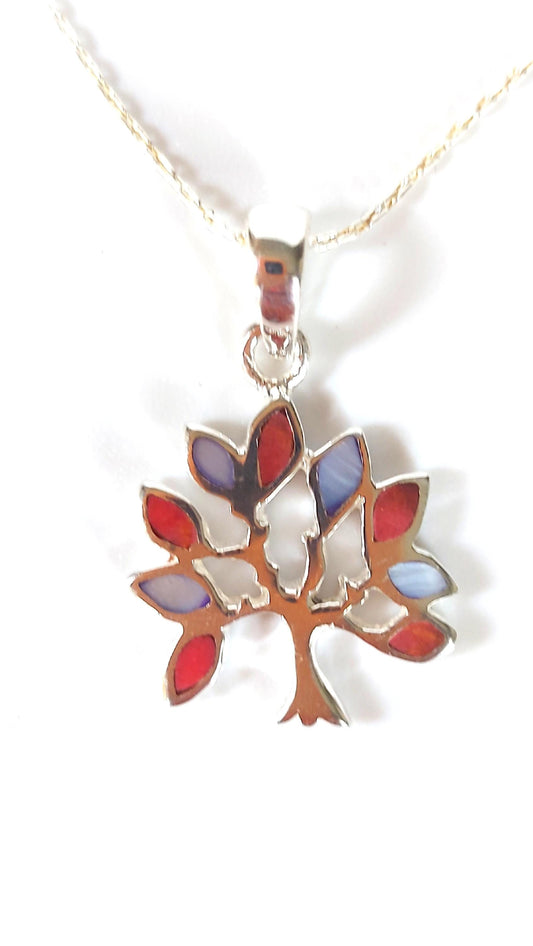 Silver Handmade Inlay Pendant Semi Precious Natural Shell- Tree