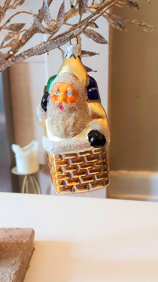 Czech Republic, Glass Blown, Hand Painted Christmas Tree Ornament - Large Santa in Chimney