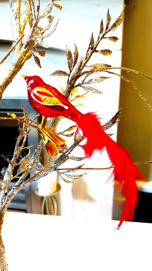 Czech Republic, Glass Blown, Hand Painted Christmas Tree Ornament - small bird with clip