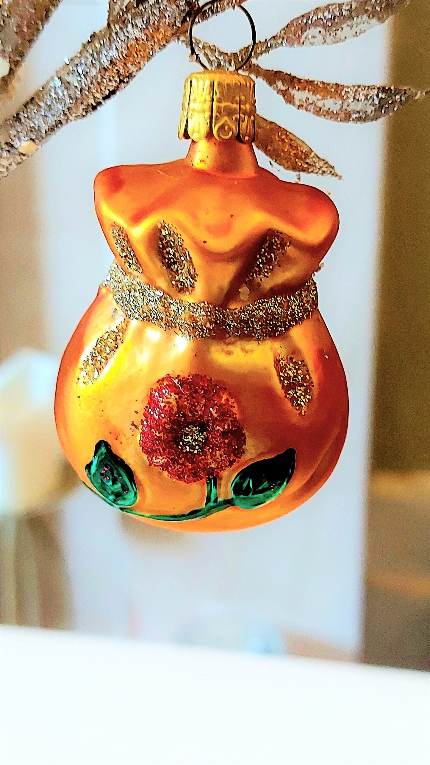 Vintage Czech Republic, Glass Blown, Hand Painted Christmas Tree Ornament - Money Bag
