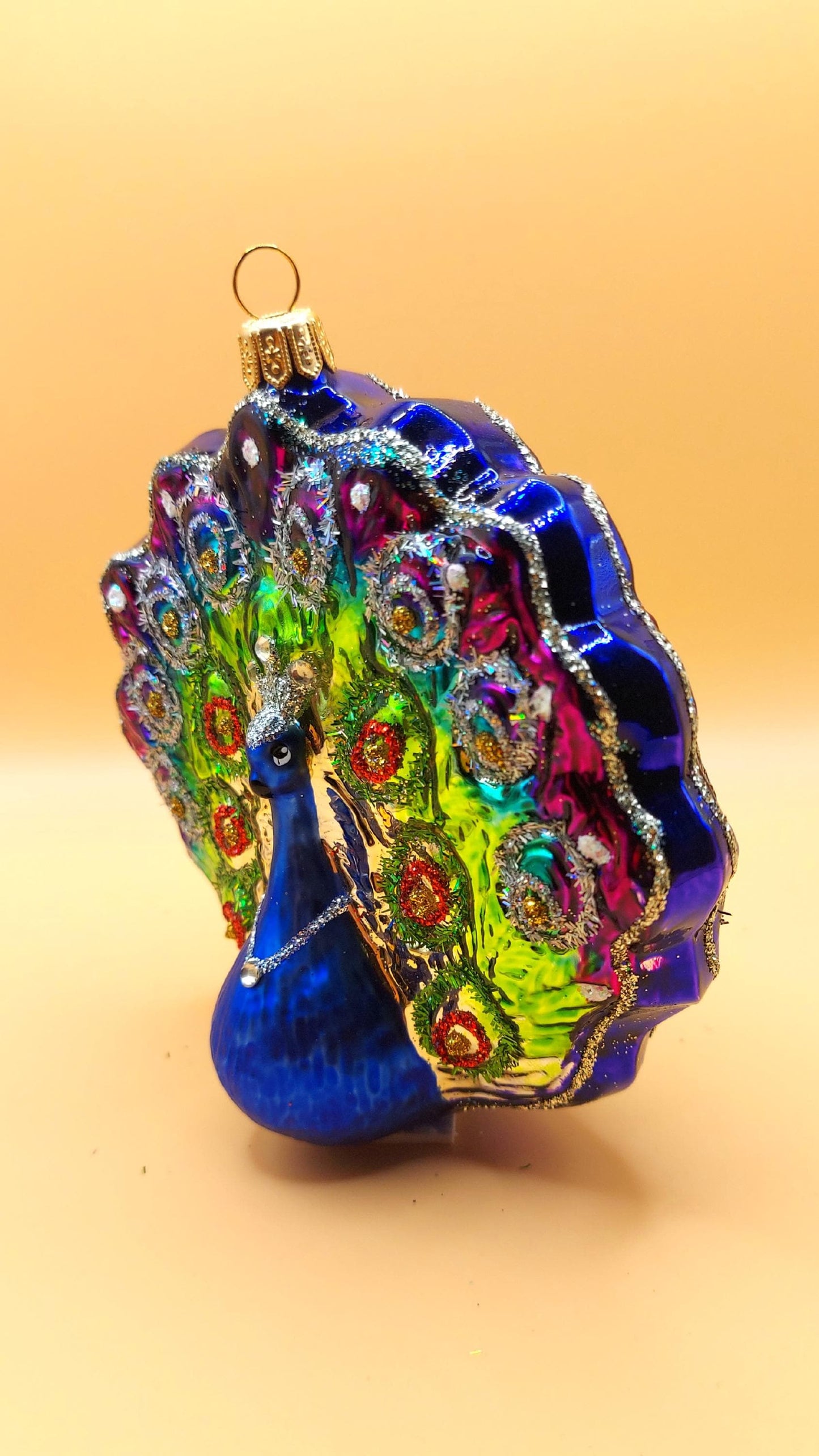 Vintage Czech Republic, Glass Blown, Hand Painted Christmas Tree Ornament - Peacock Purple