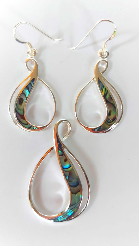 Silver Handmade Inlay Pendant/Earring Set Semi Precious Abalone Shell- Loop