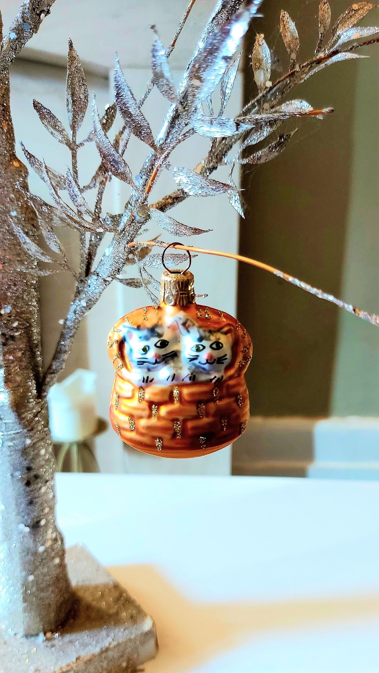 Vintage Czech Glass Christmas Ornament: Hand-Painted Cats in Basket (Pair)