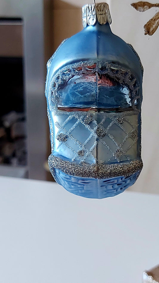 Czech Republic, Glass Blown, Hand Painted Christmas Tree Ornament - Blue Pram