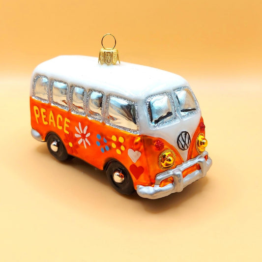 Czech Republic, Glass Blown, Hand Painted Christmas Tree Ornament - Orange Hippy Bus