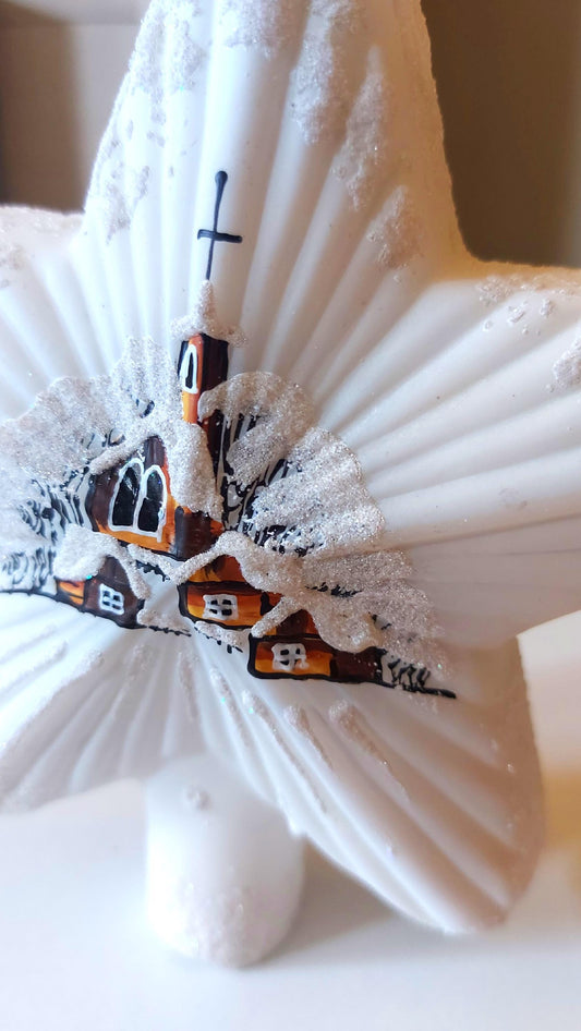 Czech Republic, Glass Blown, Hand Painted Christmas Tree Ornament - White Star Tree Topper