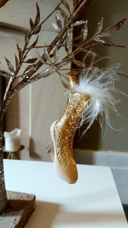 Czech Republic, Glass Blown, Hand Painted Christmas Tree Ornament - Boot Gold