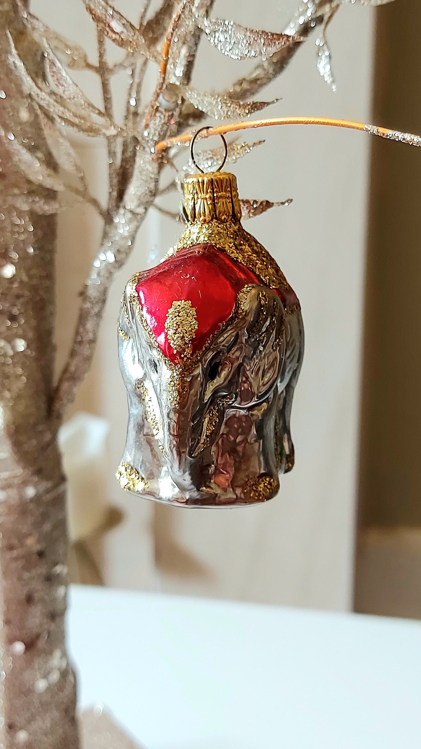 Vintage Czech Republic, Glass Blown, Hand Painted Christmas Tree Ornament - Elephant Ganesha