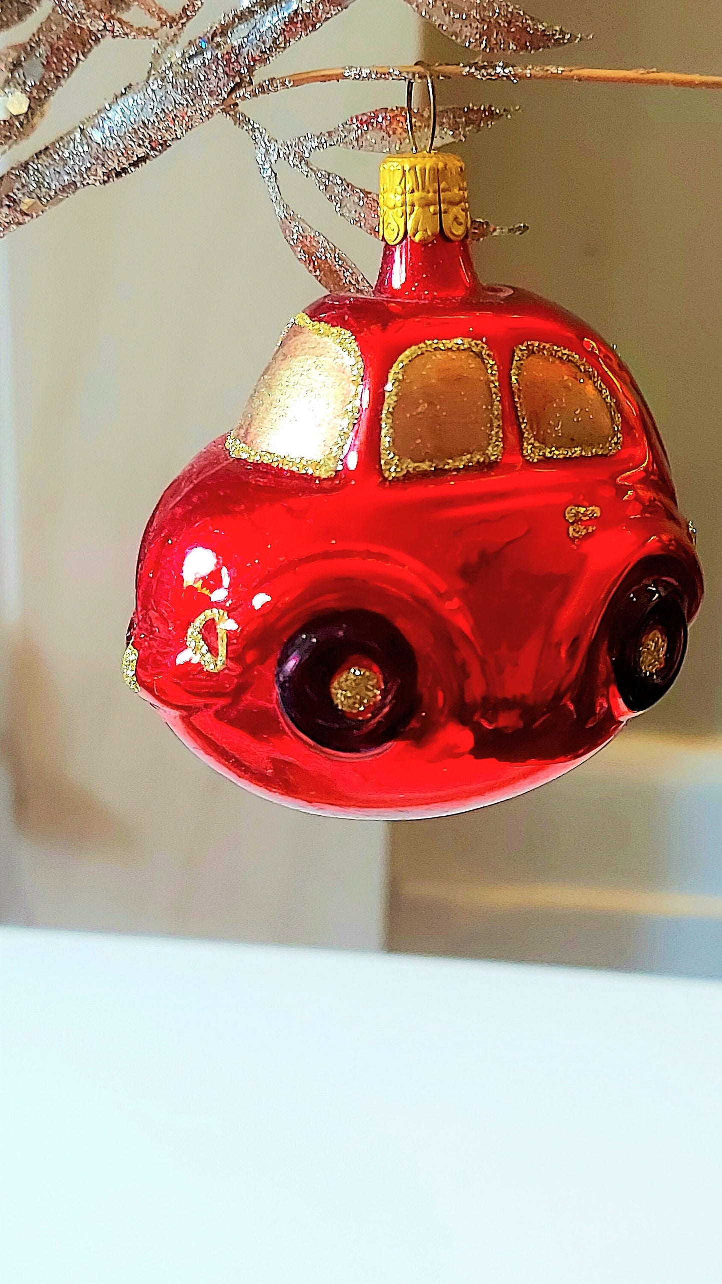 Vintage Czech Republic, Glass Blown, Hand Painted Christmas Tree Ornament - Car