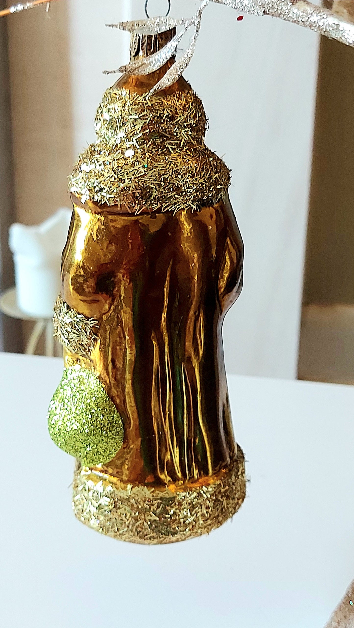 Vintage Czech Republic, Glass Blown, Hand Painted Christmas Tree Ornament - Large Santa Gold