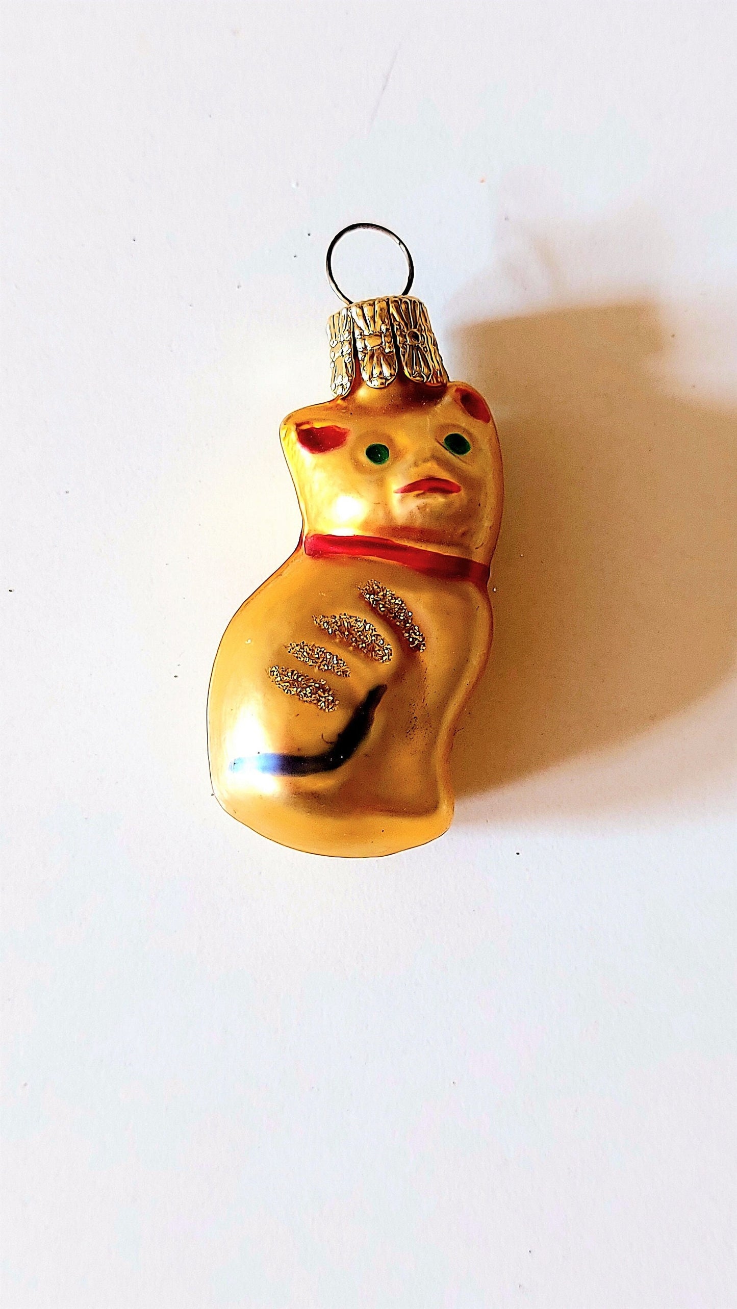 Vintage Czech Hand-Painted Glass Yellow Cat Christmas Ornament (Pair)