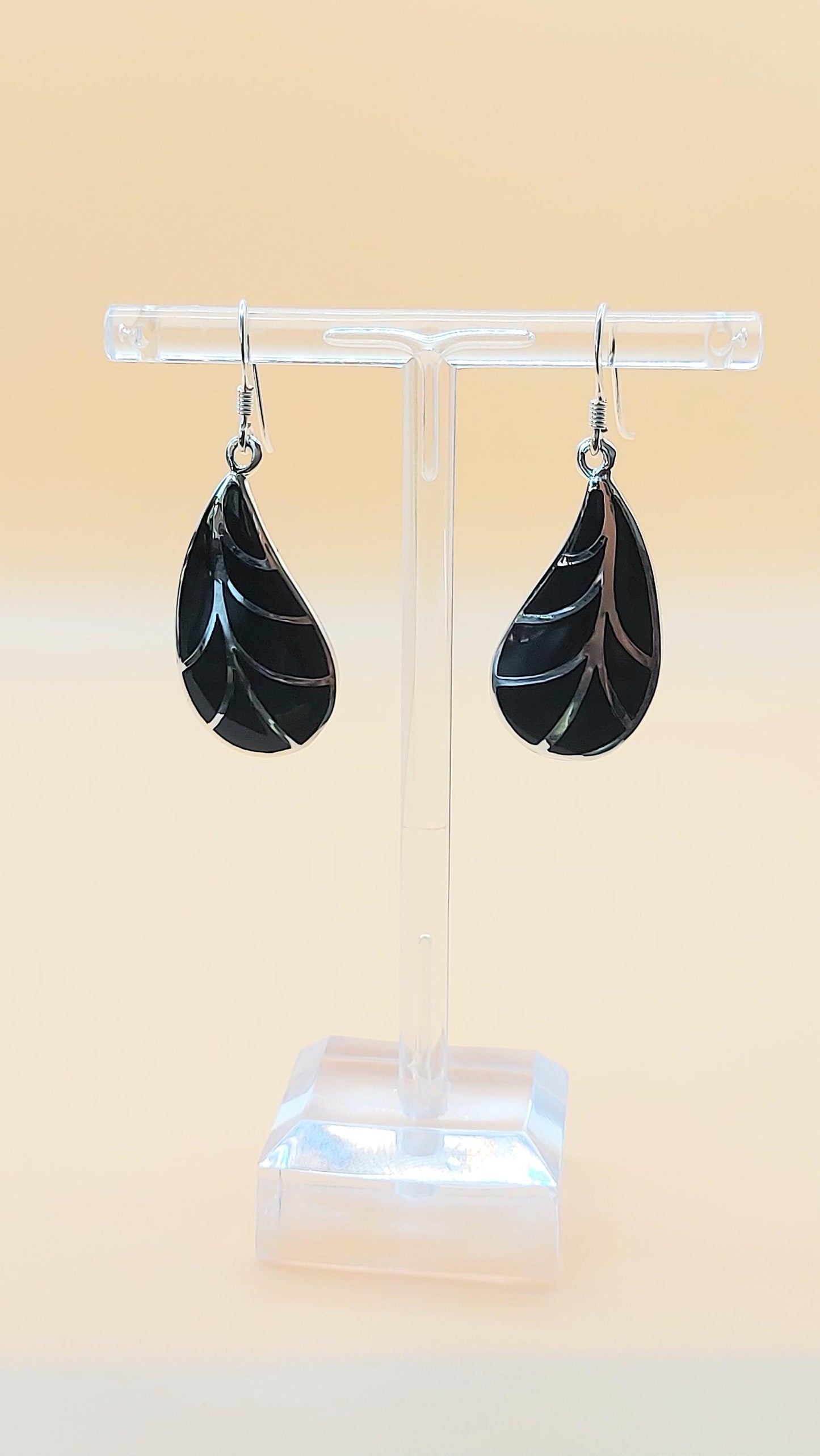 Silver Handmade Inlay Earrings Semi Precious Black Onyx- Black Leaf