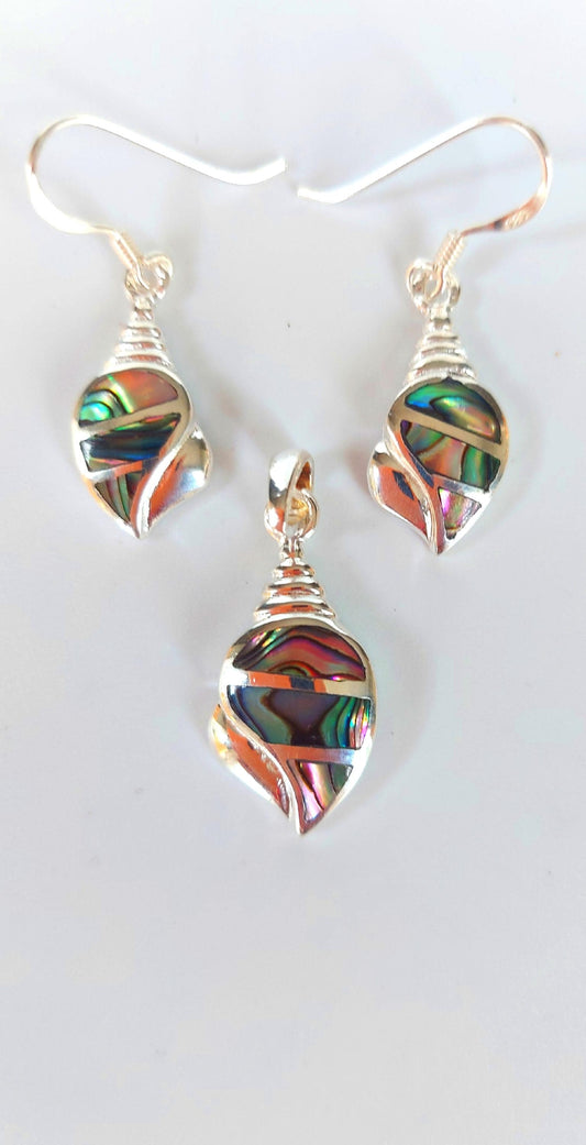 Silver Handmade Inlay Pendant/Earring Set Semi Precious Abalone Shell- Shell