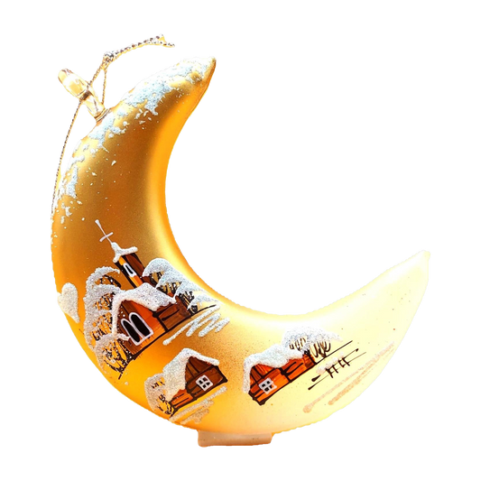Hand Painted Glass Christmas Ornament: Czech Gold Half Moon
