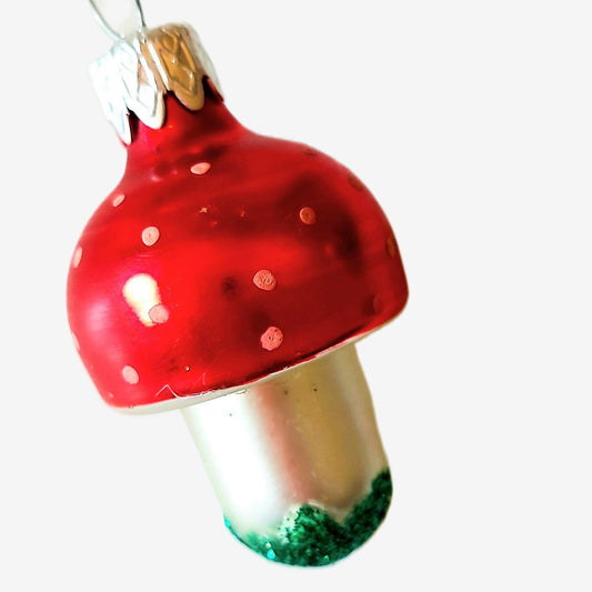 Czech Republic, Glass Blown, Hand Painted Christmas Tree Ornament - Mushroom a pair ( x 2 )