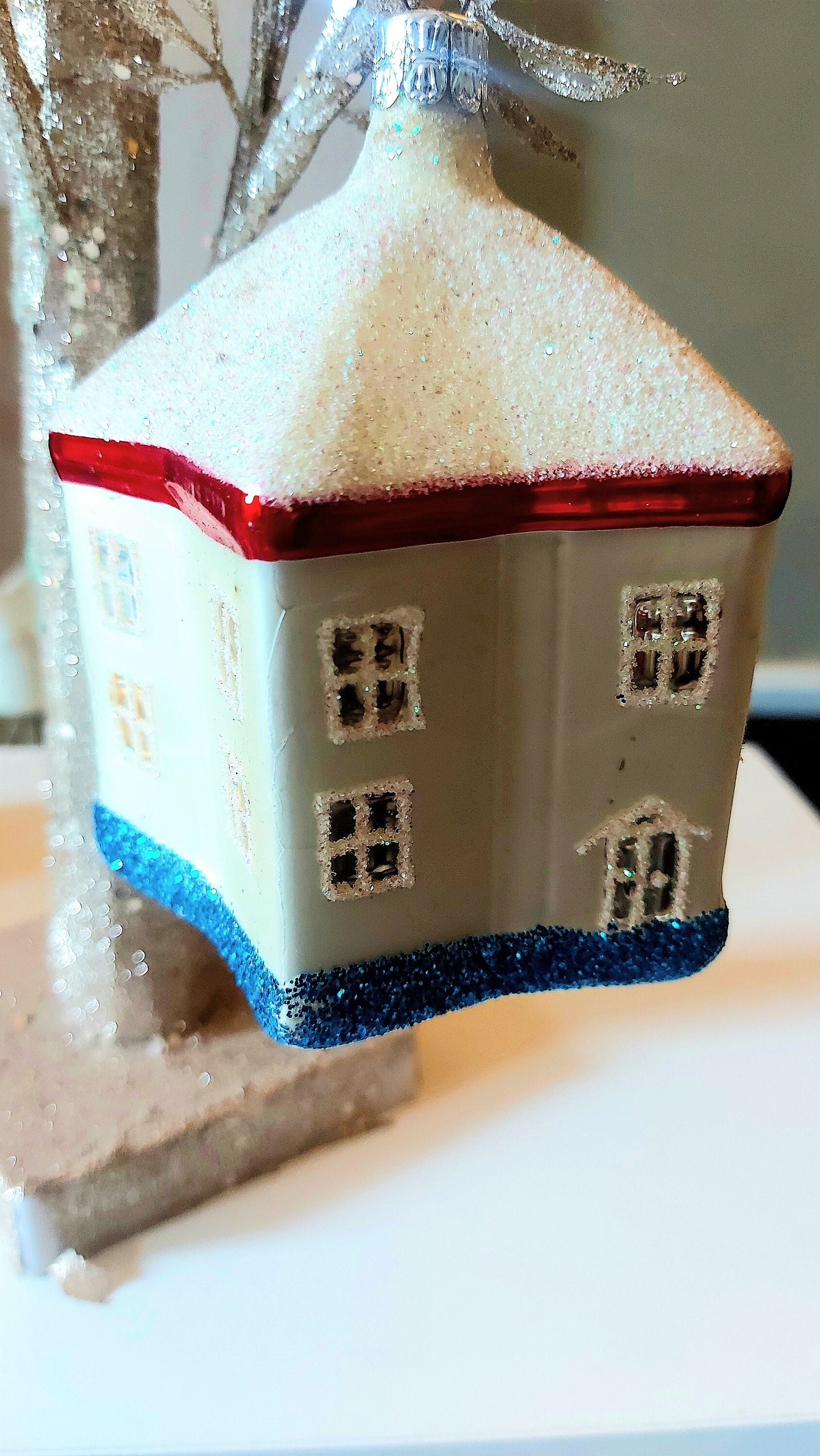 Vintage Czech Glass Christmas Ornament: Hand-Painted Glittery House