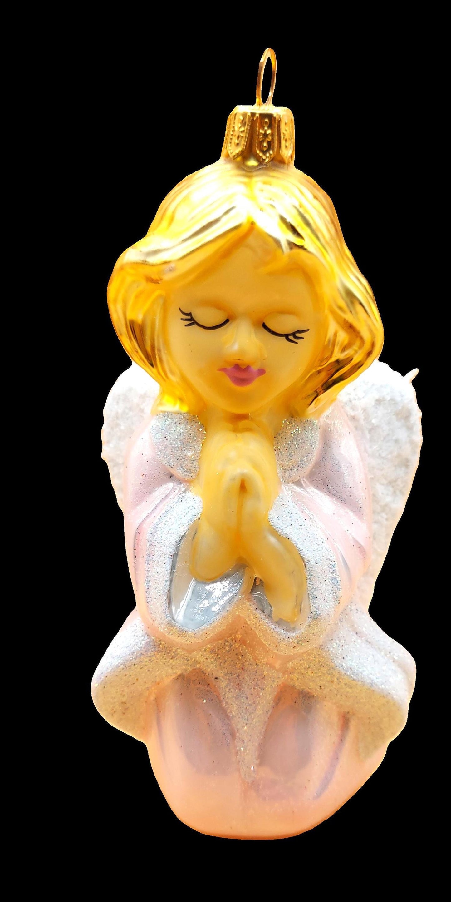 Vintage Czech Republic, Glass Blown, Hand Painted Christmas Tree Ornament - Pink Angel