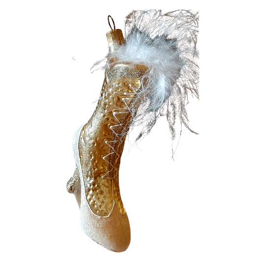 Czech Republic, Glass Blown, Hand Painted Christmas Tree Ornament - Boot Gold