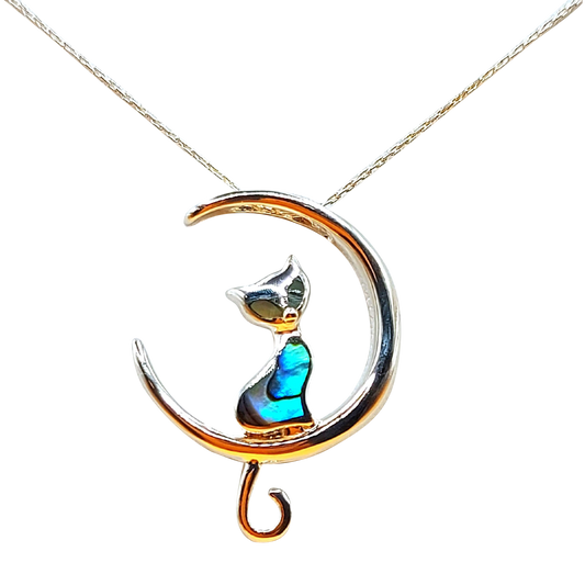 Silver Handmade Inlay Pendant Semi Precious Abalone Shell- Cat on Moon