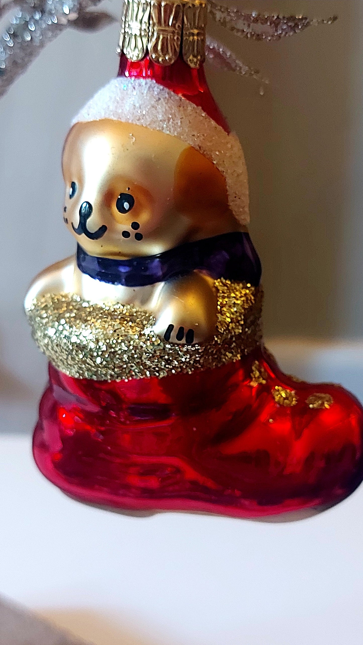 Vintage Czech Republic, Glass Blown, Hand Painted Christmas Tree Ornament - Cat in Boot