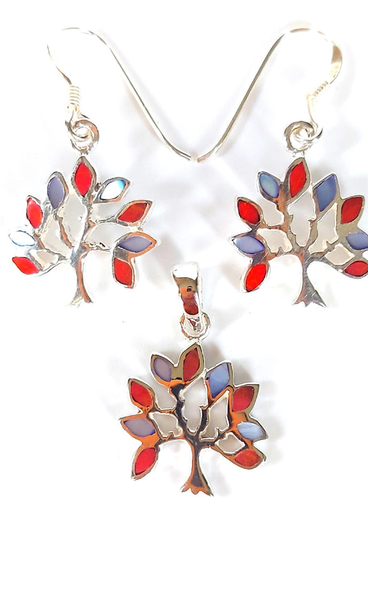 Silver Handmade Inlay Pendant/Earring Set Semi Precious Natural Shell- Tree