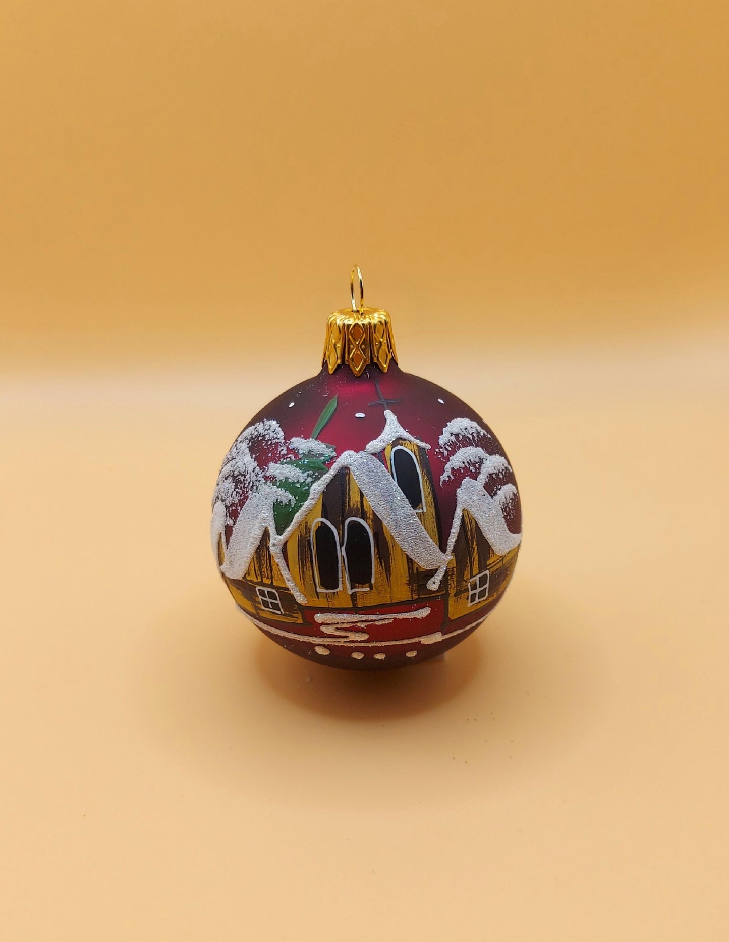 Vintage Czech Glass Christmas Ornament: Hand-Painted Maroon Small Ball