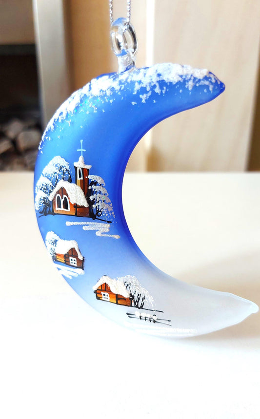 Hand Painted Glass Christmas Ornament: Czech Royal Blue Half Moon