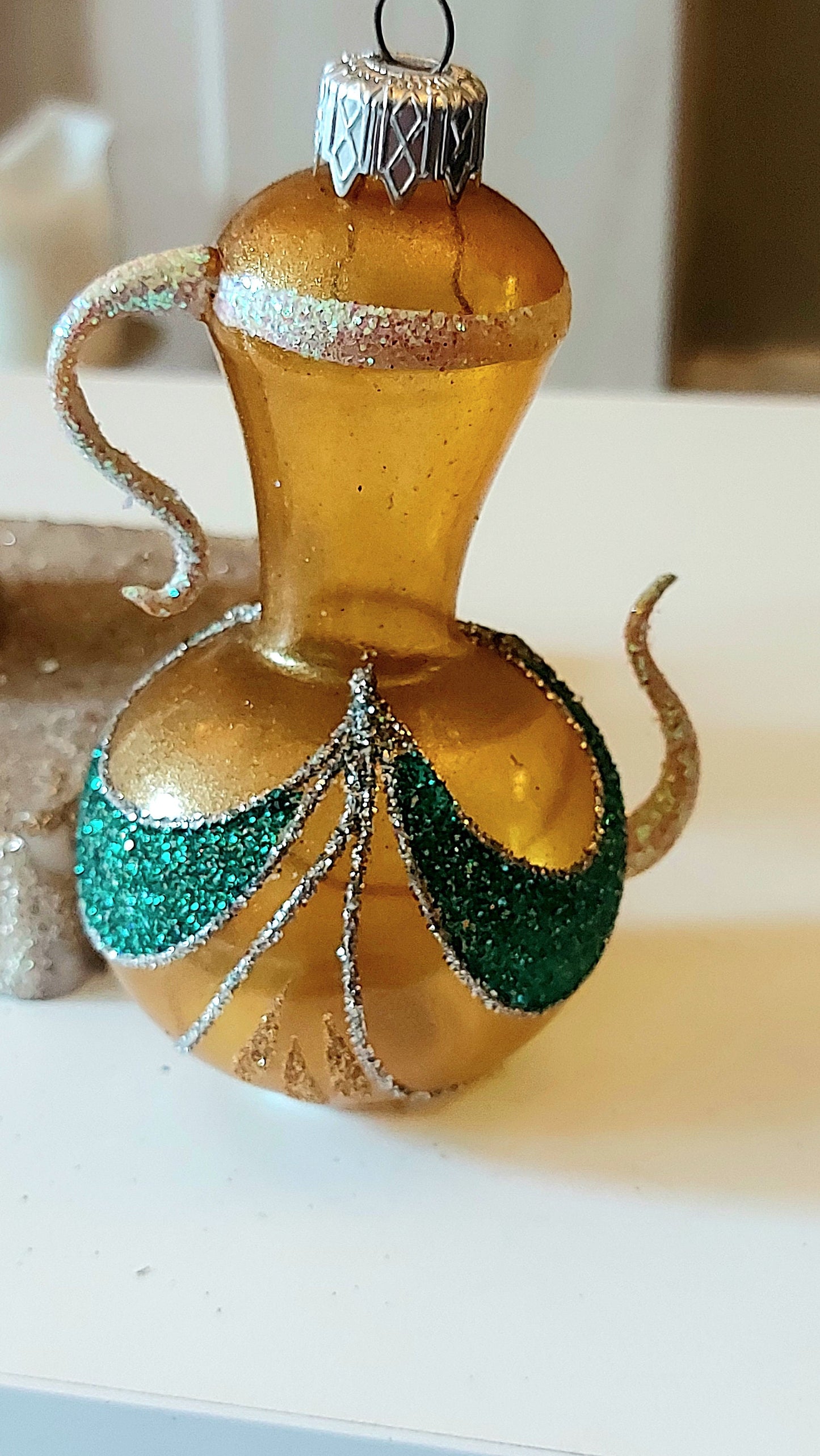 Czech Republic, Glass Blown, Hand Painted Christmas Tree Ornament - Genie Lamp gold/green