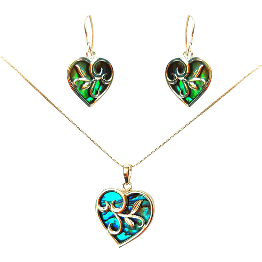 Silver Handmade Inlay Pendant/Earring Set Semi Precious Abalone Shell- Heart