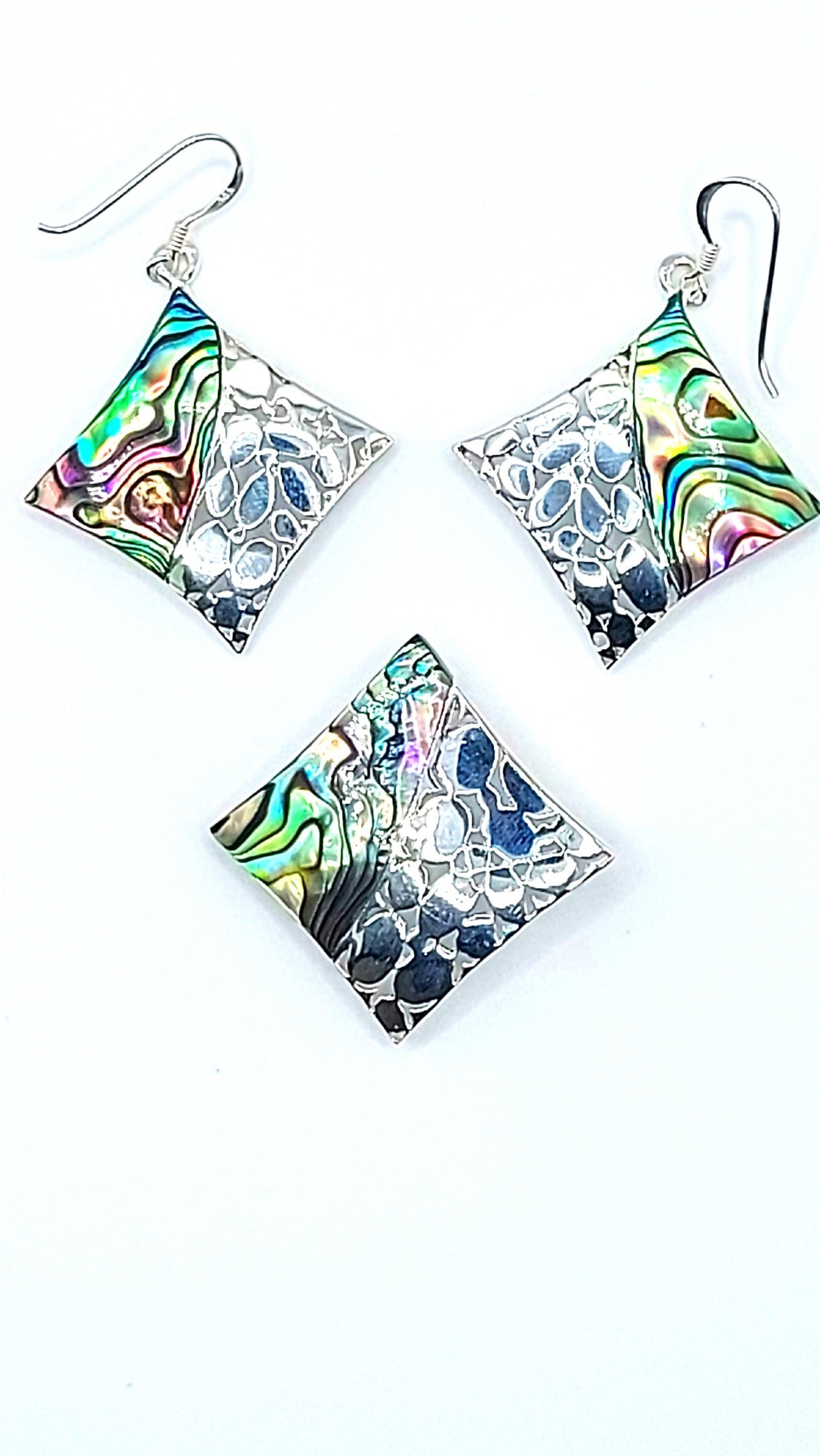 Silver Handmade Inlay Pendant/Earring Set Semi Precious Abalone Shell- Square