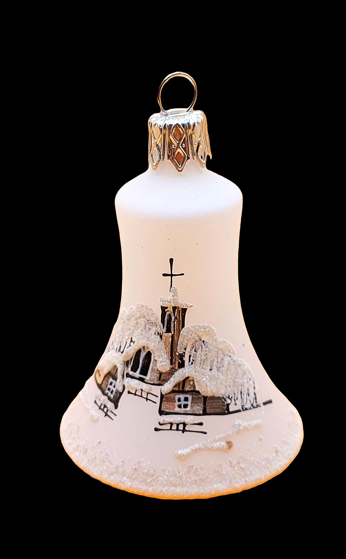 Vintage Czech Glass Christmas Ornament Bell: Hand-Painted Winter Village White