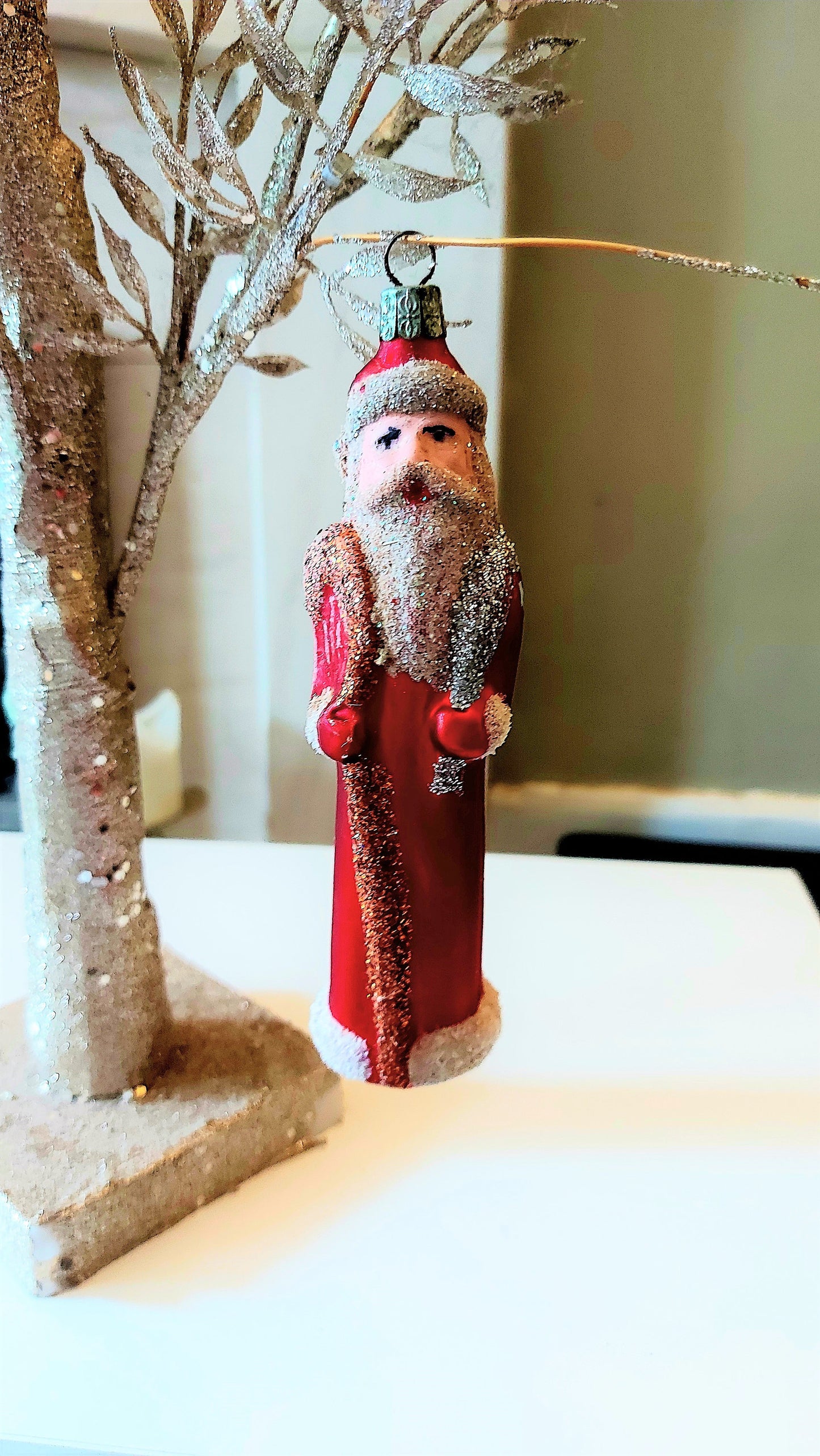 Vintage Czech Republic, Glass Blown, Hand Painted Christmas Tree Ornament - Thin Santa Red