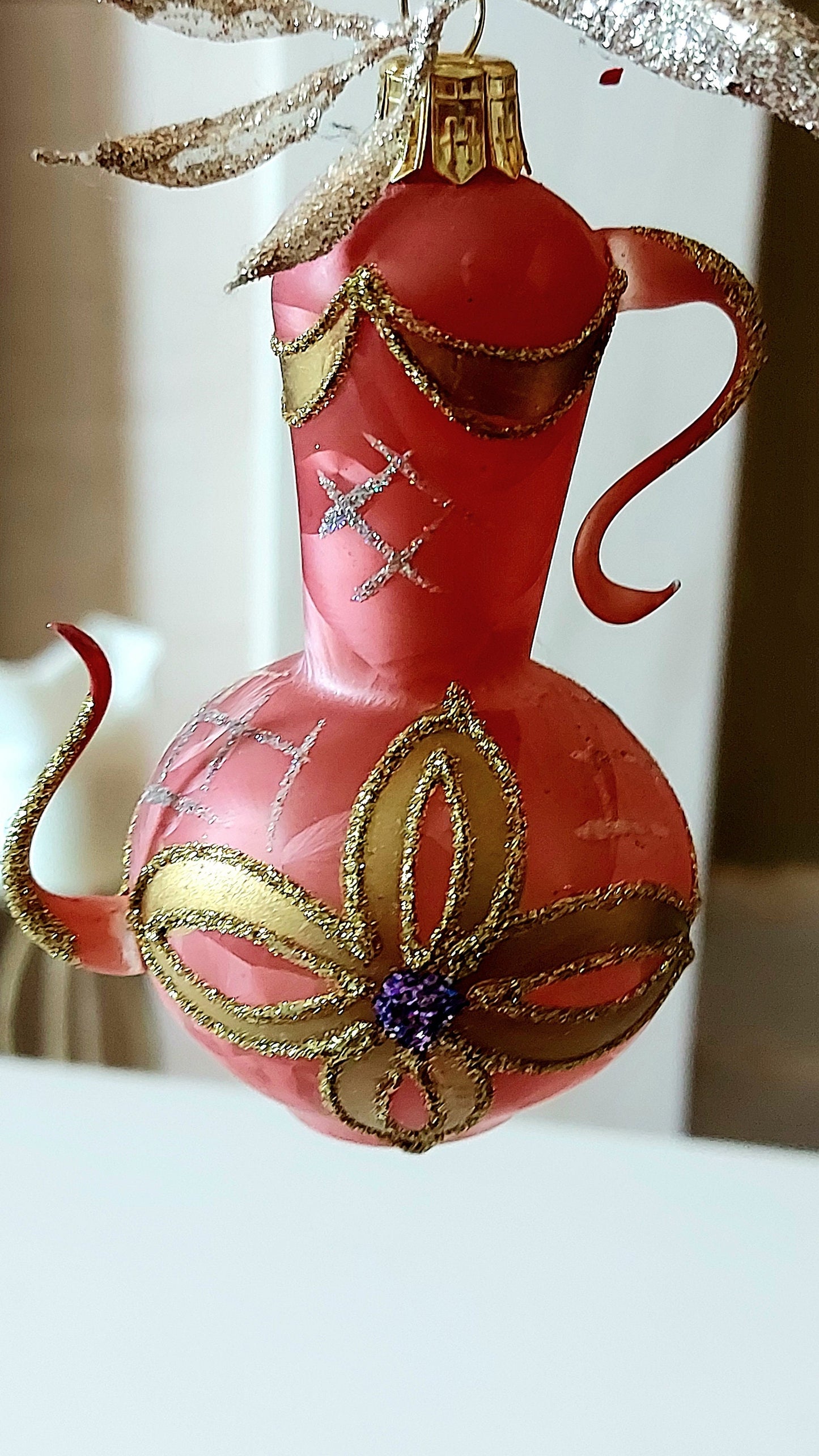 Vintage Czech Republic, Glass Blown, Hand Painted Christmas Tree Ornament - Genie Lamp Pink
