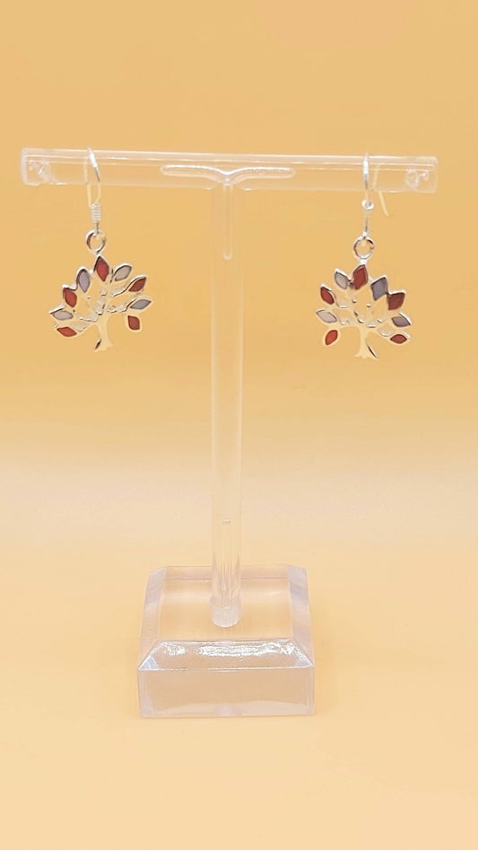 Silver Handmade Inlay Earrings Semi Precious Natural Shell- Tree