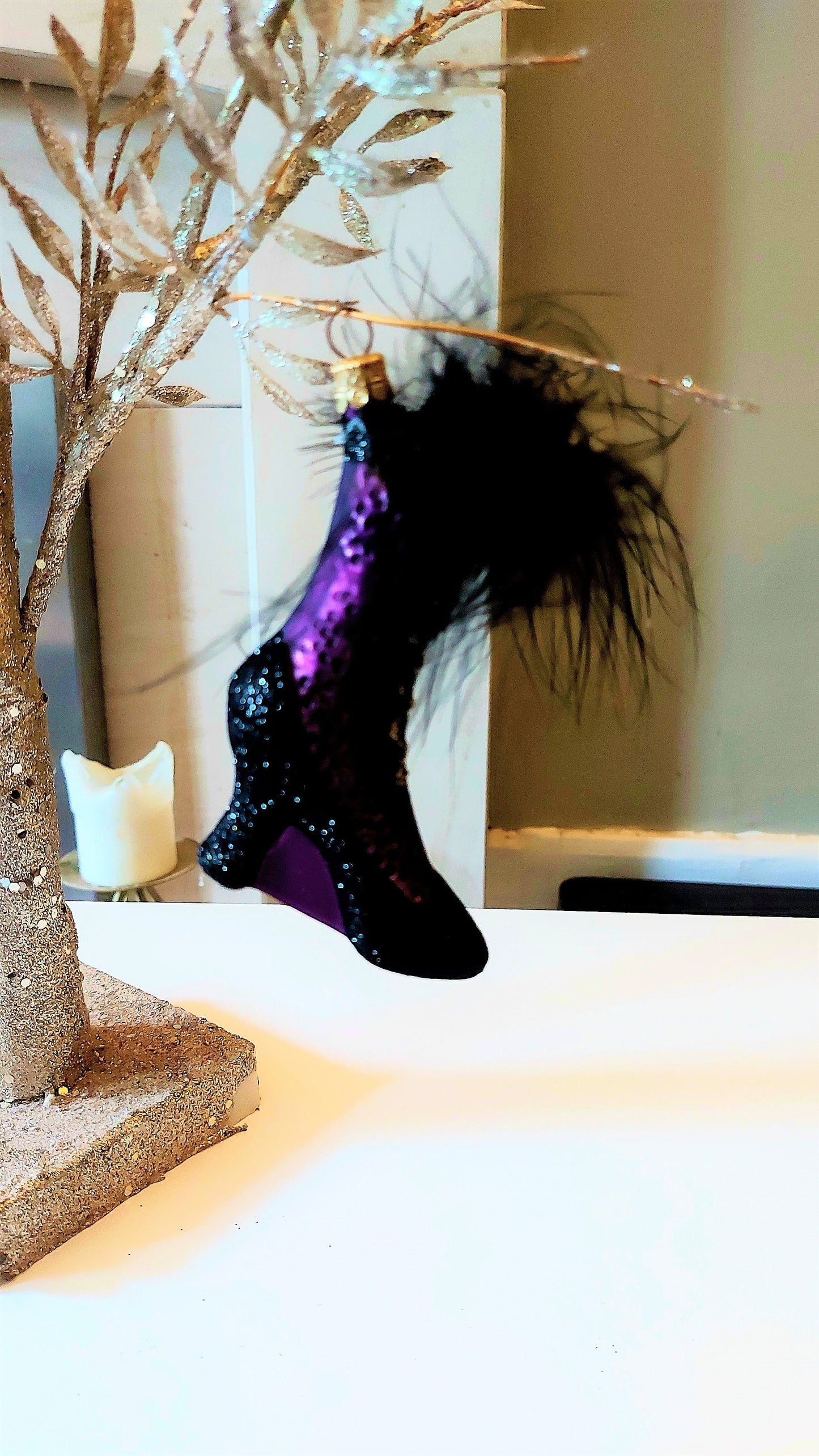 Vintage Czech Republic, Glass Blown, Hand Painted Christmas Tree Ornament - Boot Purple
