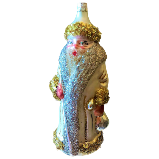 Czech Republic, Glass Blown, Hand Painted Christmas Tree Ornament - Large Santa Silver/Gold