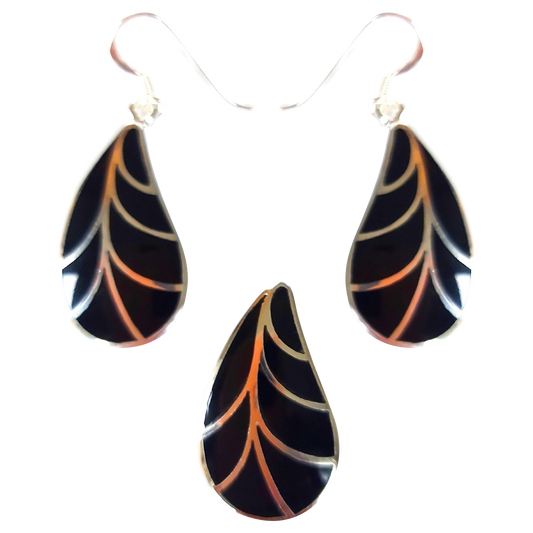 Silver Handmade Inlay Pendant/Earring Set Semi Precious Black Onyx- Black Leaf