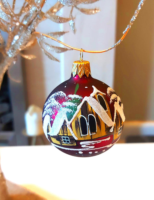 Czech Glass Christmas Ornament: Hand-Painted Maroon Small Ball