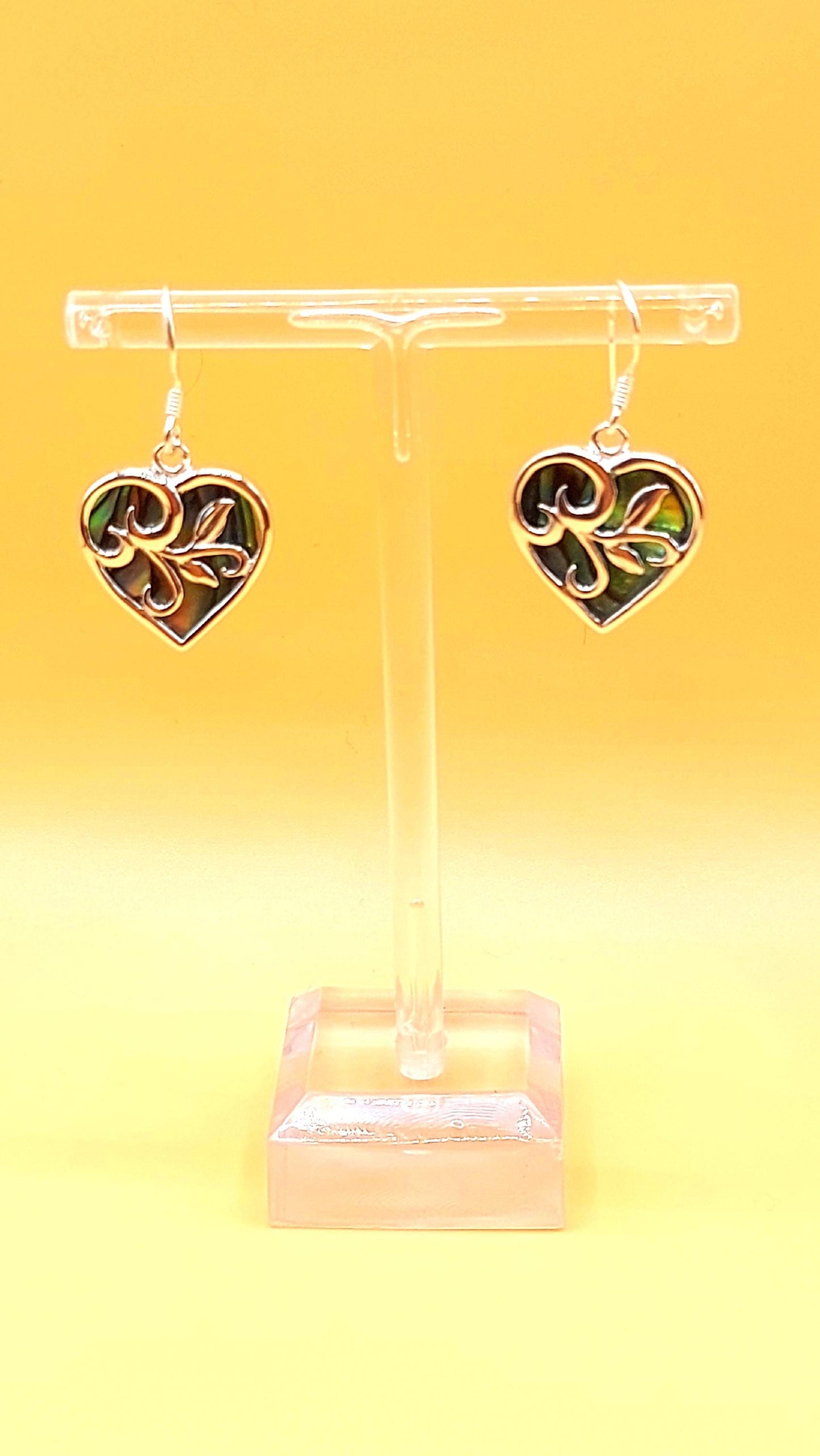Silver Handmade Inlay Earrings Semi Precious Abalone Shell- Heart