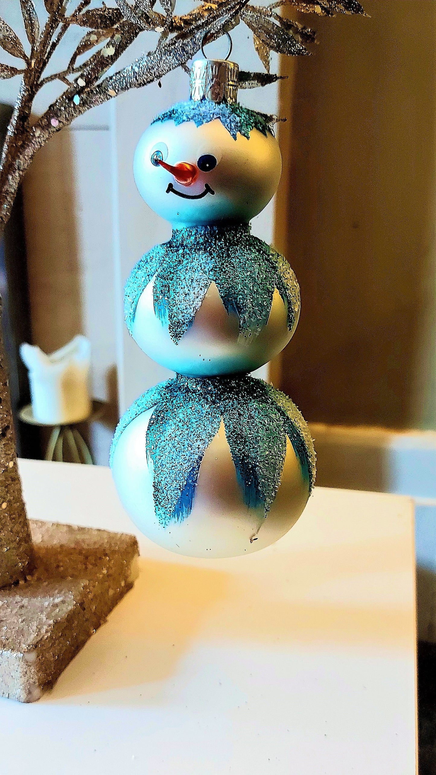 Vintage Czech Republic, Glass Blown, Hand Painted Christmas Tree Ornament - 3 Tier Snowman