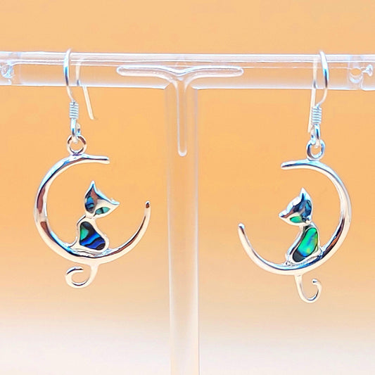 Silver Handmade Inlay Earrings Semi Precious Abalone Shell- Cat on Moon