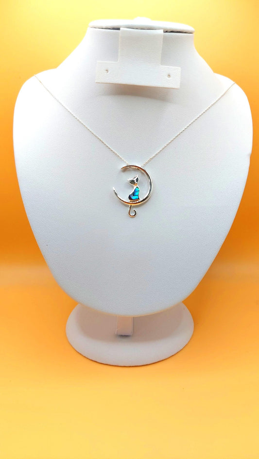 Silver Handmade Inlay Pendant Semi Precious Abalone Shell- Cat on Moon
