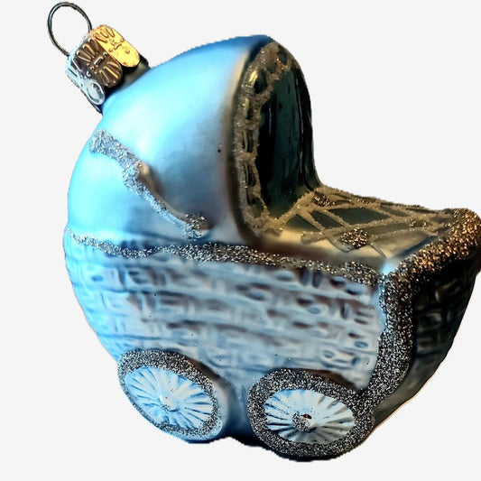 Czech Republic, Glass Blown, Hand Painted Christmas Tree Ornament - Blue Pram