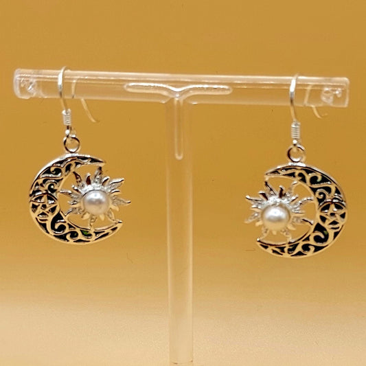 Silver Handmade Inlay Earrings Semi Precious Abalone Shell- Moon/Sun