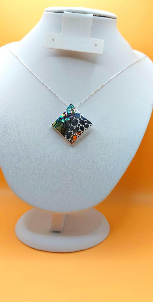Silver Handmade Inlay Pendant Semi Precious Abalone Shell- Square