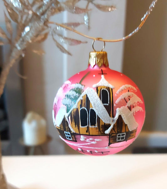 Czech Glass Christmas Ornament: Hand-Painted Pink Small Ball