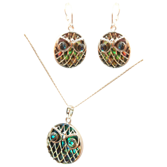 Silver Handmade Inlay Pendant/Earring Set Semi Precious Abalone Shell- Owl