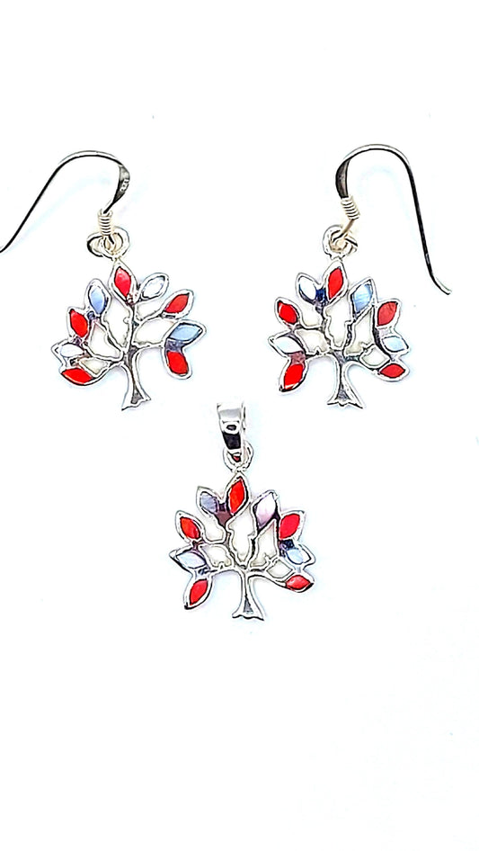 Silver Handmade Inlay Pendant/Earring Set Semi Precious Natural Shell- Tree